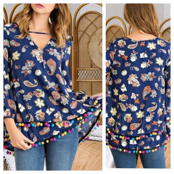 Entro Tops - Entro Pom Pom Tunic Top sz L Blue Multicolor Paisley Floral Layered Boho Fairy